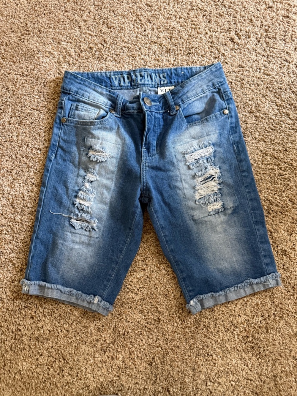 VIP Distressed Denim Bermuda Shorts in Blue